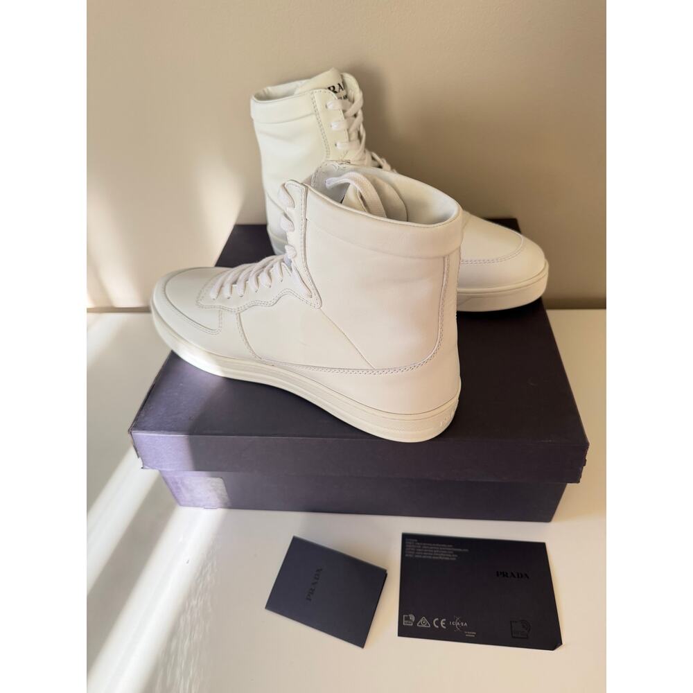 Prada White Sneakers Vitello High Top Leather Trainers Size 41 100% Authentic - Picture 8 of 12
